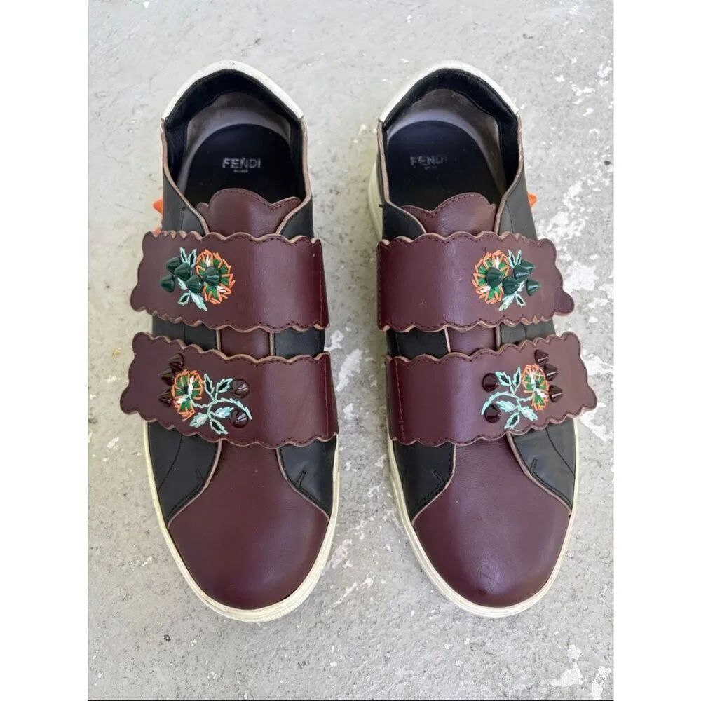 Fendi scalloped floral embroidery leather sneakers